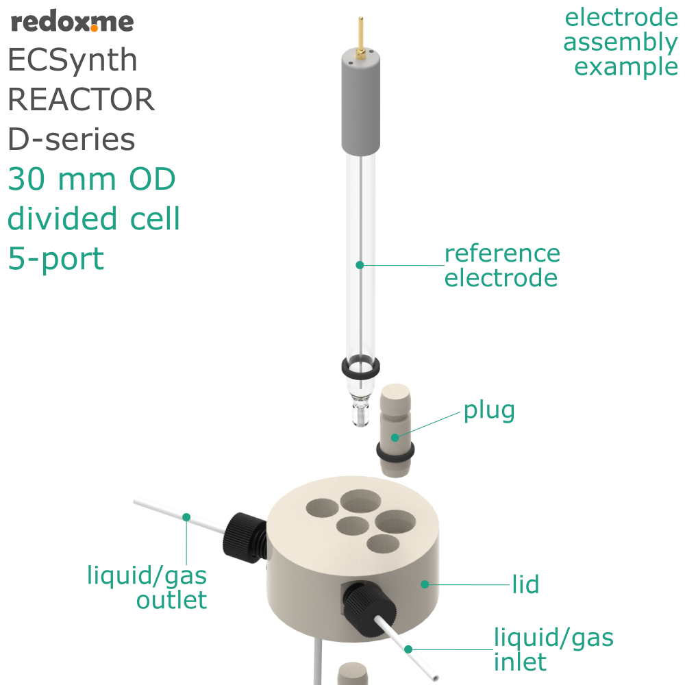 Electrosynthesis Reactor D-series, 30 mm OD, divided cell, 5-port