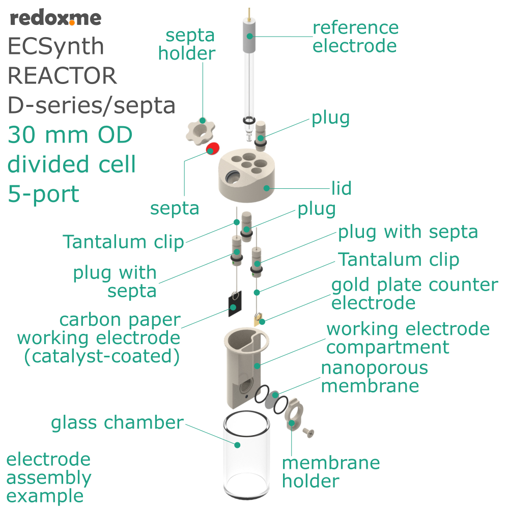 Electrosynthesis Reactor D-series/septa, 30 mm OD, divided cell, 5-port