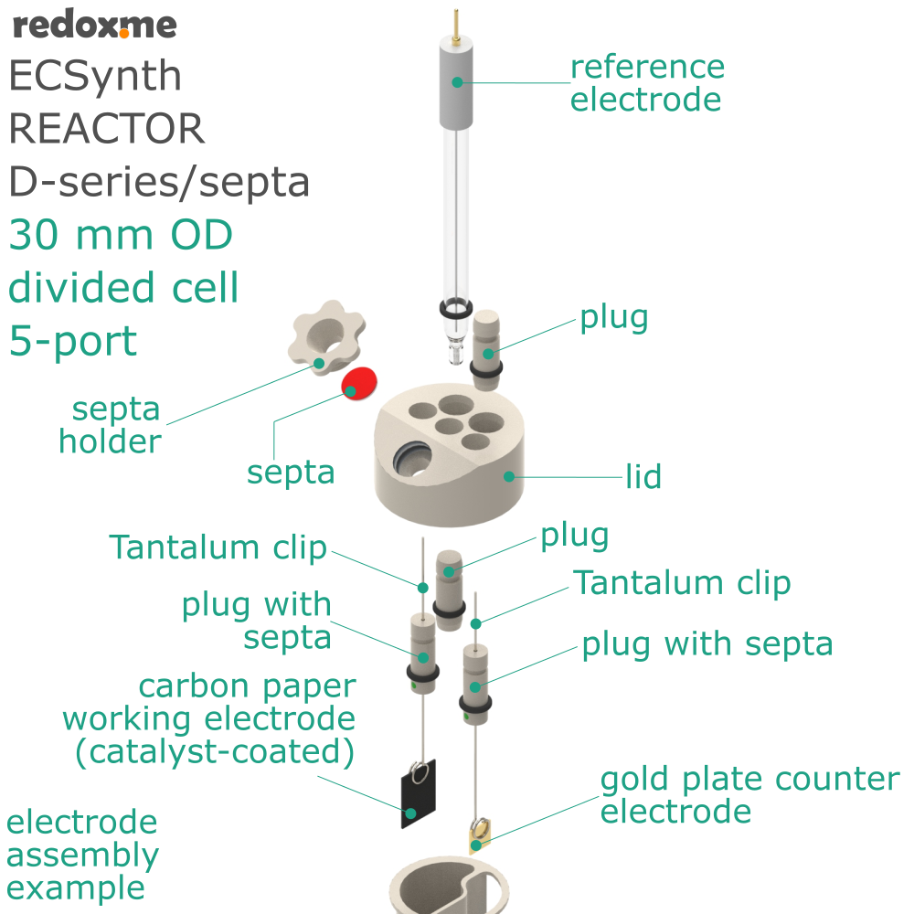 Electrosynthesis Reactor D-series/septa, 30 mm OD, divided cell, 5-port