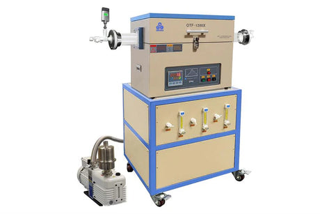 1200C Tube Furnace w/ Anti-Corrosive Set: PTFE Flanges and Gas Mixer - OTF-1200X-80-F3LV-PTFE - Thasar S.r.l.