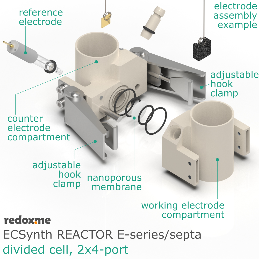 Electrosynthesis Reactor E-series/septa, divided cell, 2x4-port
