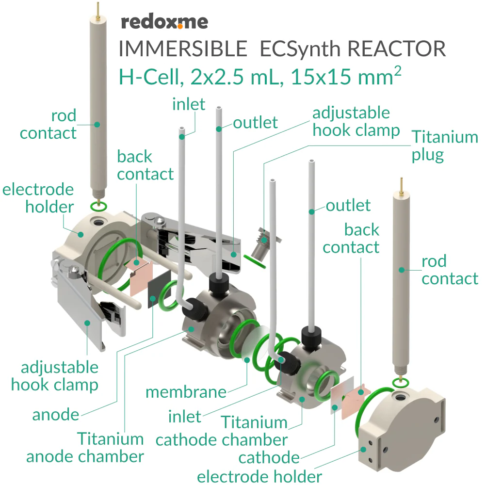 Immersible Electrosynthesis Reactor, H-Cell, 2x1.5 mL, 15x15 mm2 - Thasar S.r.l.