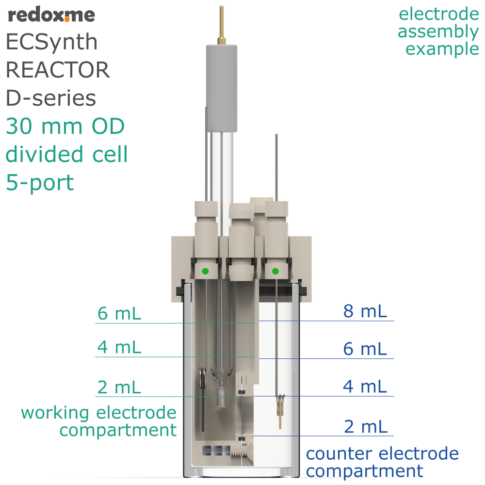 Electrosynthesis Reactor D-series, 30 mm OD, divided cell, 5-port