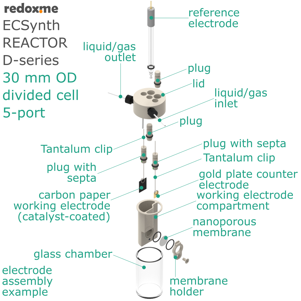 Electrosynthesis Reactor D-series, 30 mm OD, divided cell, 5-port
