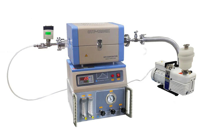 Mini CVD Tube Furnace with 2 Channel Gas Mixer, Vacuum Pump, and Vacuum Gauge - OTF-1200X-S50-2F - Thasar S.r.l.