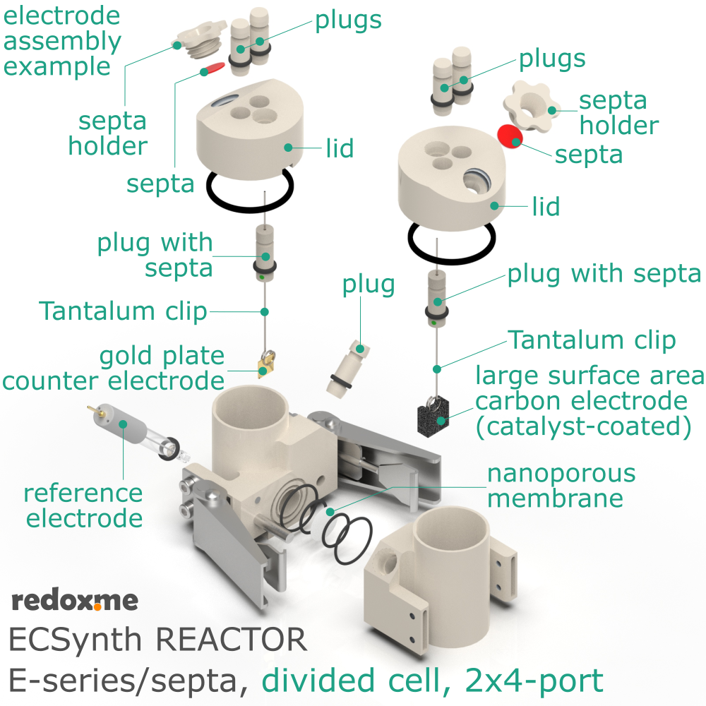 Electrosynthesis Reactor E-series/septa, divided cell, 2x4-port