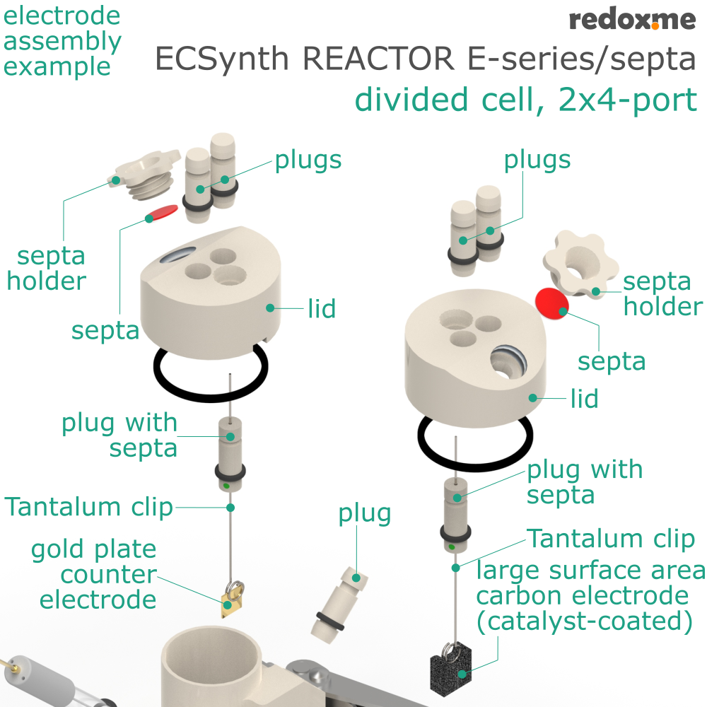 Electrosynthesis Reactor E-series/septa, divided cell, 2x4-port