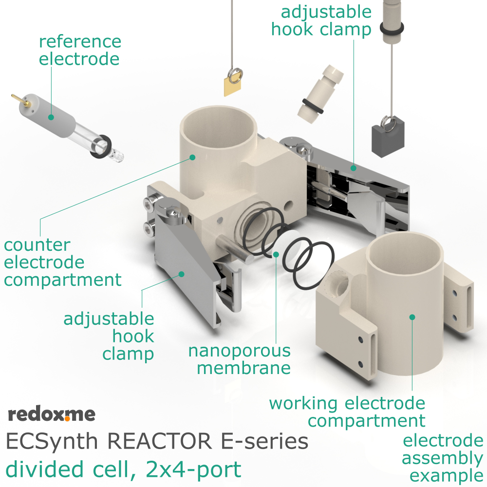 Electrosynthesis Reactor E-series, divided cell, 2x4-port