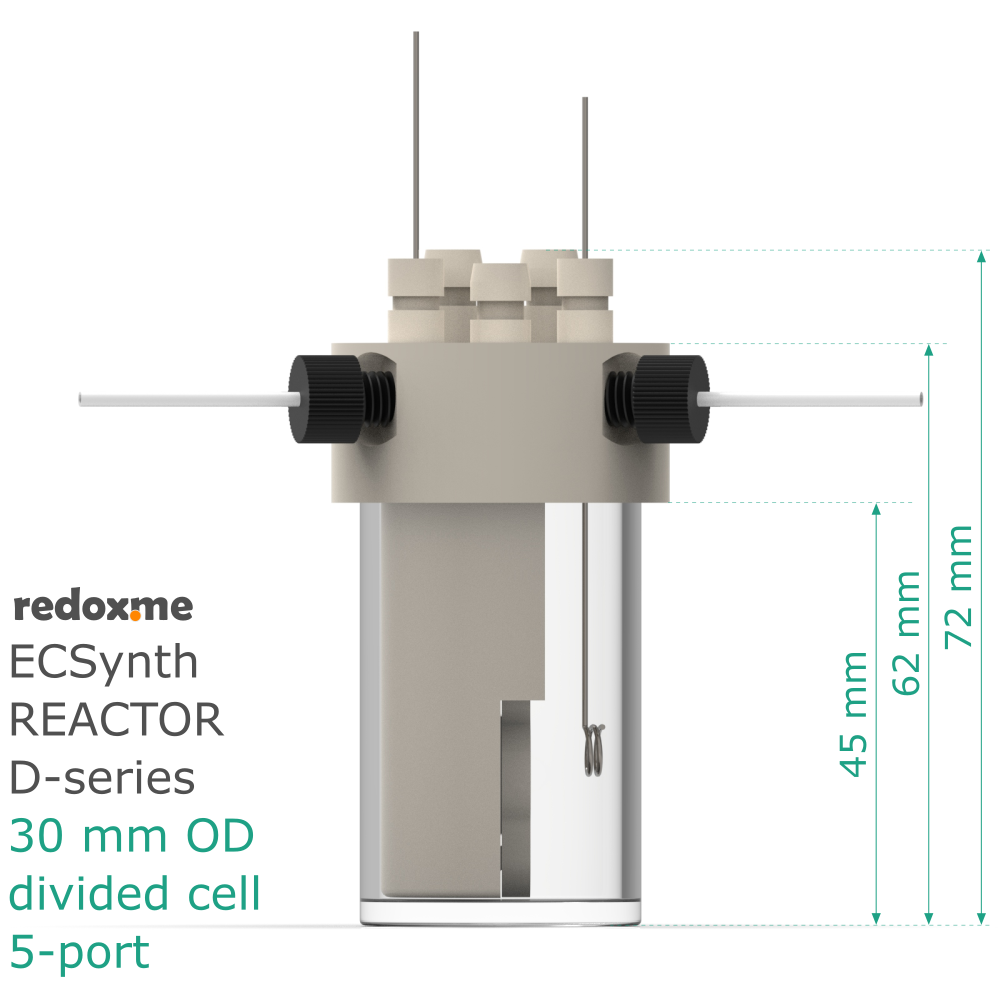 Electrosynthesis Reactor D-series, 30 mm OD, divided cell, 5-port