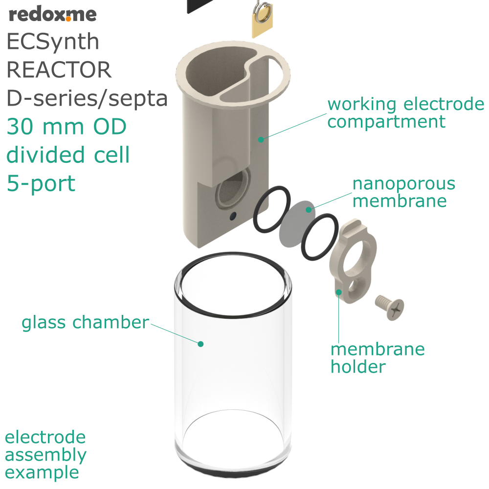 Electrosynthesis Reactor D-series/septa, 30 mm OD, divided cell, 5-port