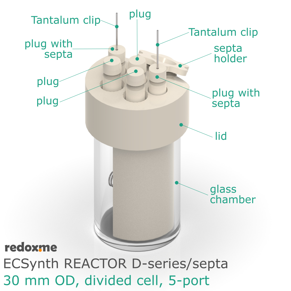 Electrosynthesis Reactor D-series/septa, 30 mm OD, divided cell, 5-port