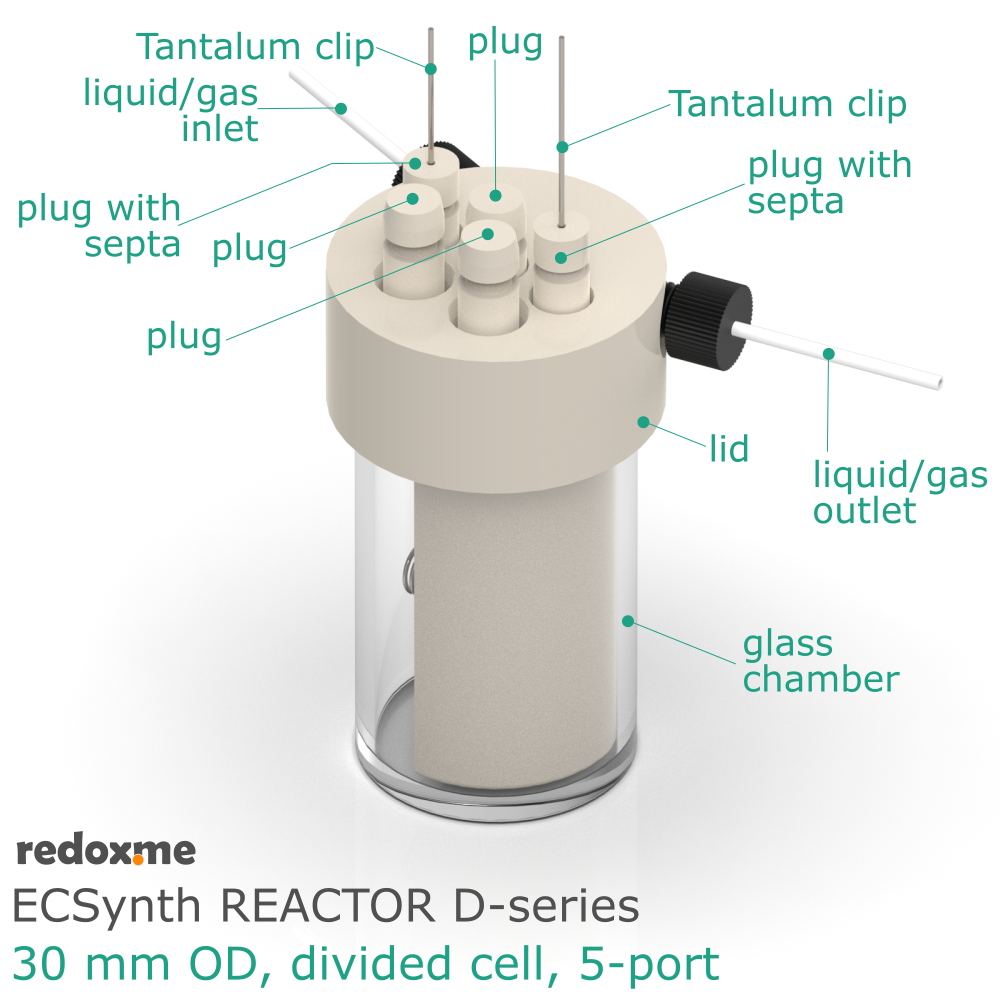 Electrosynthesis Reactor D-series, 30 mm OD, divided cell, 5-port