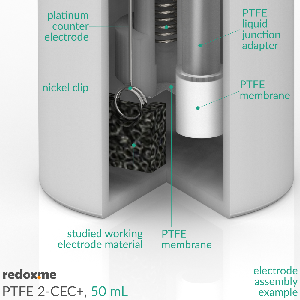 PTFE 2-CEC+ 50 mL - PTFE Two-compartment Electrochemical Cell with additional inlet/outlet