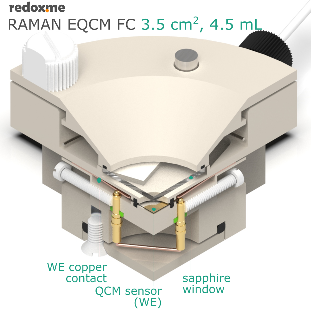 Raman EQCM FC 3.5 cm2, 4.5 mL – Raman Electrochemical Quartz Crystal Microbalance Flow Cell Flow Cell