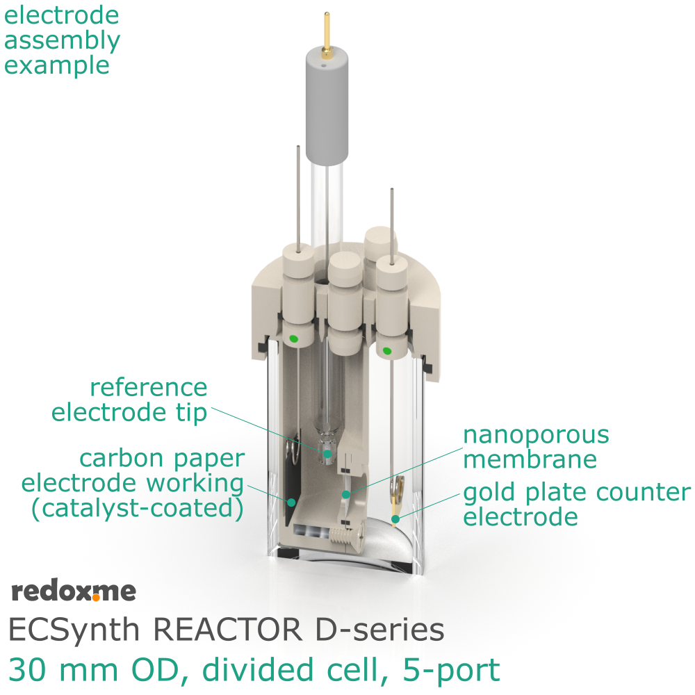 Electrosynthesis Reactor D-series, 30 mm OD, divided cell, 5-port