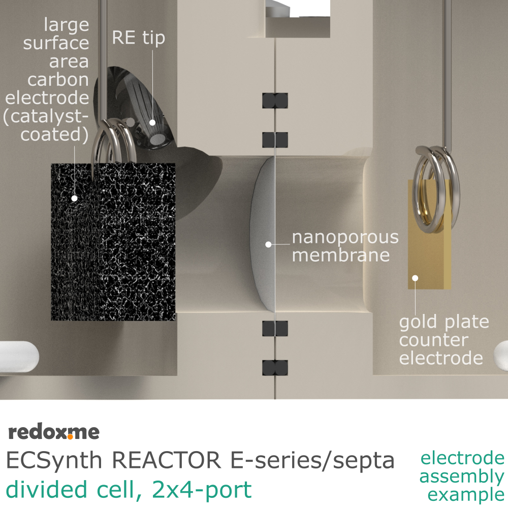 Electrosynthesis Reactor E-series/septa, divided cell, 2x4-port