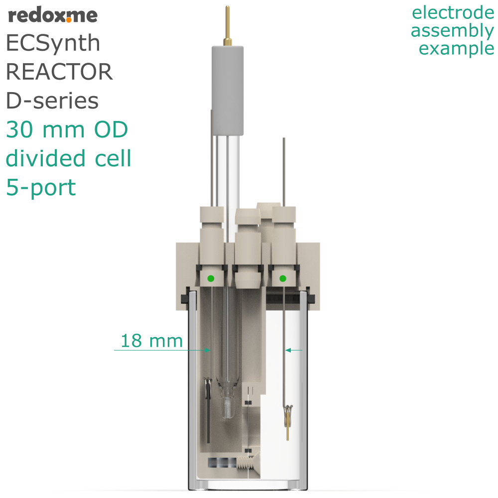 Electrosynthesis Reactor D-series, 30 mm OD, divided cell, 5-port