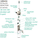 Electrosynthesis Reactor D-series, 30 mm OD, divided cell, 5-port